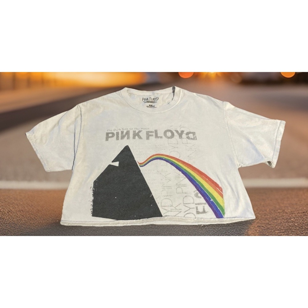 Pink Floyd Dark Side of the Moon Cropped Tee White Rainbow Prism Band Shirt Y2K